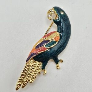 VINTAGE Colorful Green Enamel Rhinestone Gold Tone Parrot Bird Brooch Pin